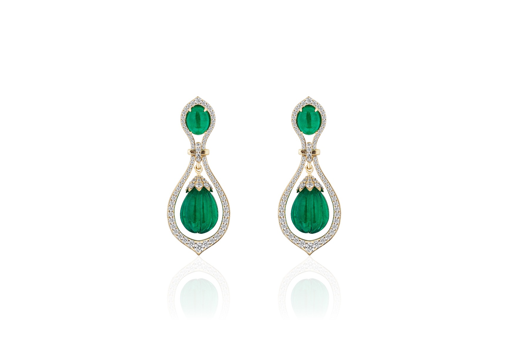 Goshwara G-One 18k Yellow Gold Emerald & Diamond Pear Shape Drop Earrings