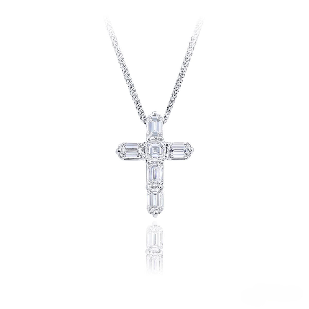 JB Star Platinum 2.40ct Emerald Cut Diamond Cross Pendant Necklace