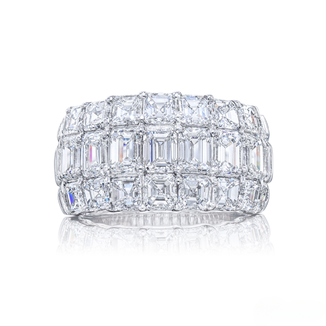 JB Star Platinum 3 Row Emerald Cut Diamond Ring