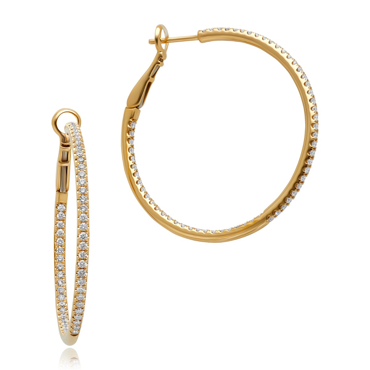 18k Yellow Gold 1.25 Inch Diamond Hoop Earrings