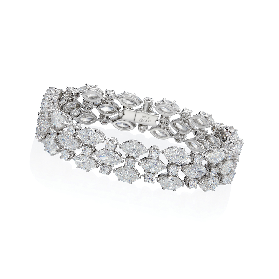 Platinum Three-Row Mixed Shape Diamond Bracelet