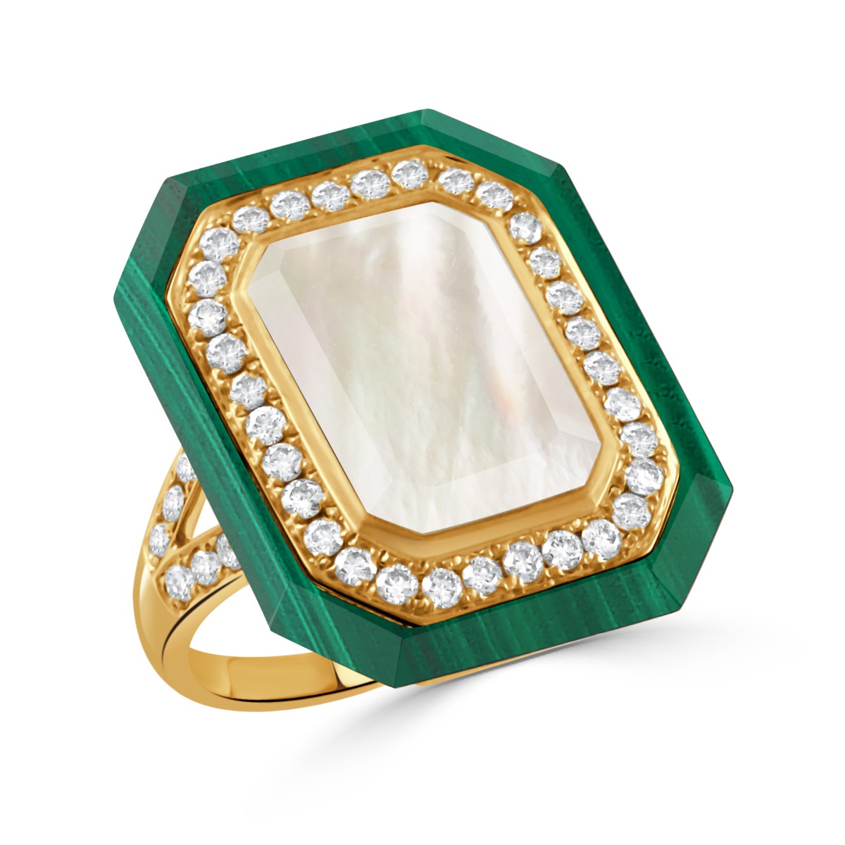 18k Yellow Gold Mother of Pearl, Diamond & Malachite Ring