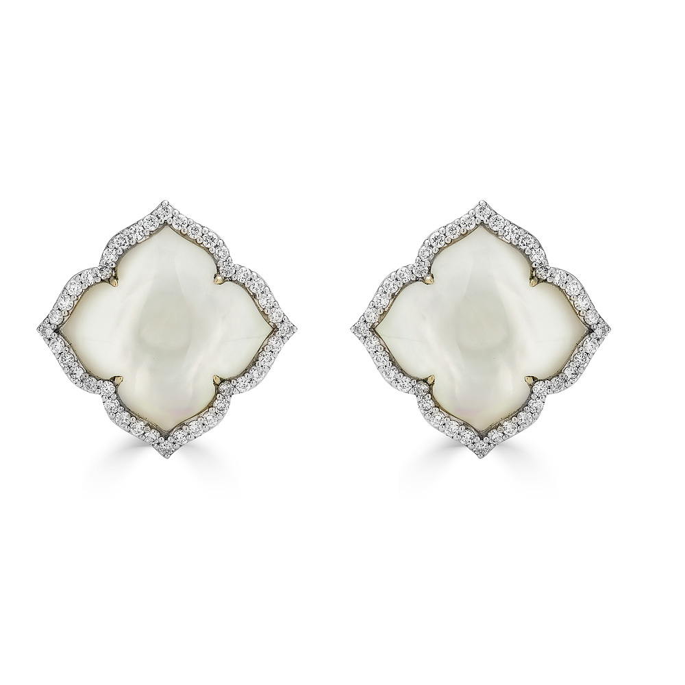 Piranesi 18k White Gold Small Carved Mother of Pearl & Diamond Stud Earrings