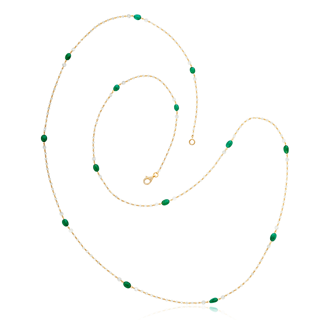 18k Yellow Gold Emerald Bead & Diamond Necklace