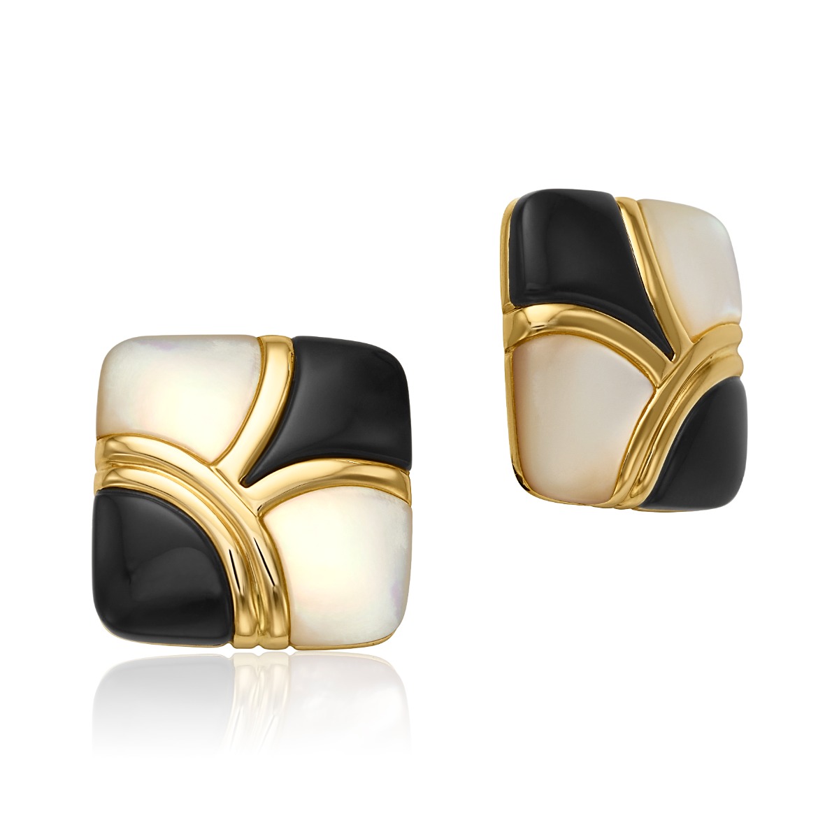 Grossbardt 1980s Yellow Gold Onyx & Pearl Clip Earrings