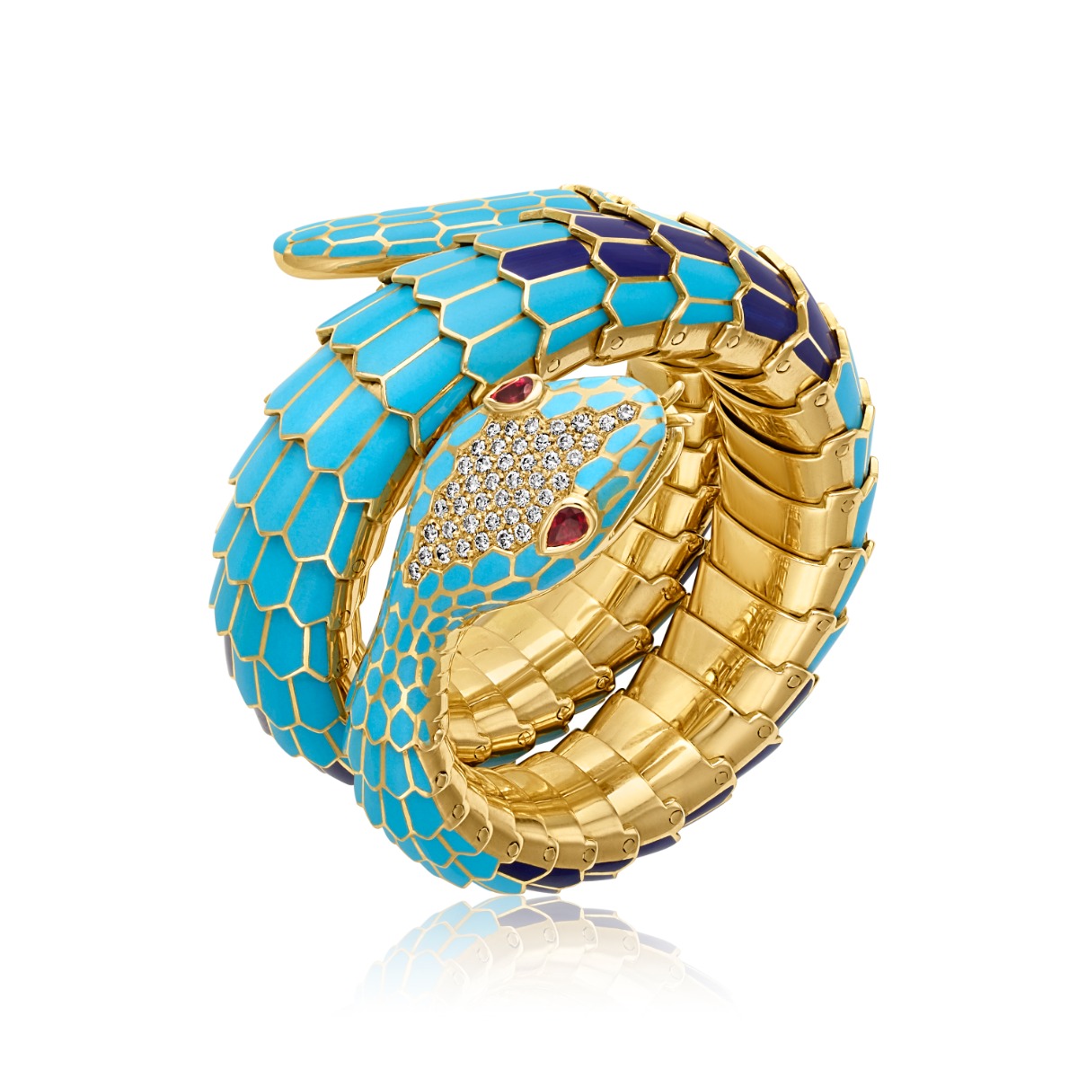 1980s 18k Yellow Gold Blue Enamel Serpent Wrap Bracelet