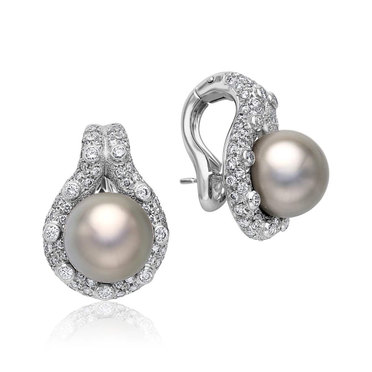 1990s Mikimoto 18k White Gold Grey Pearl & Diamond Earrings