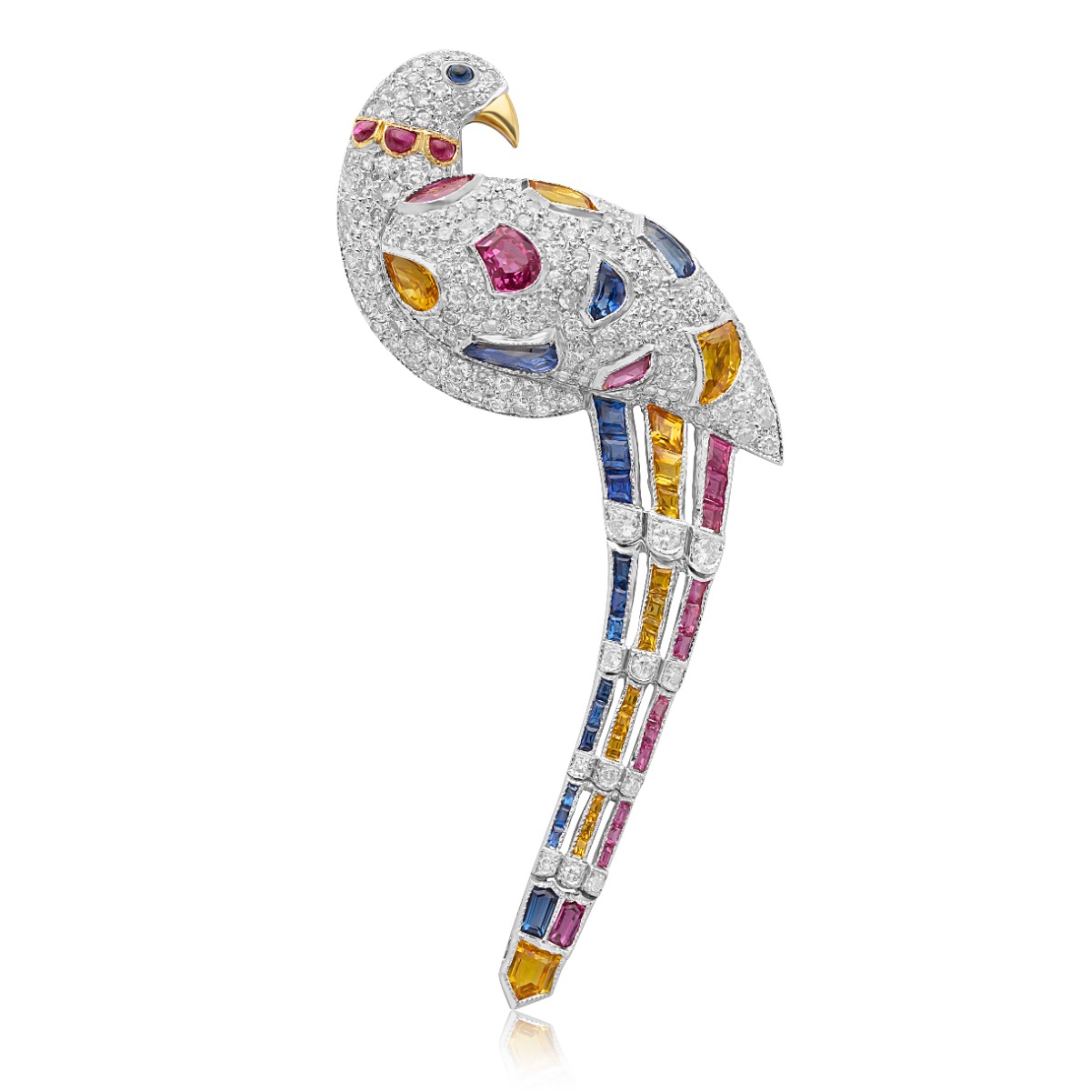 1980's 18k Yellow & White Gold Pave Diamond and Multi-color Sapphire Bird Pin