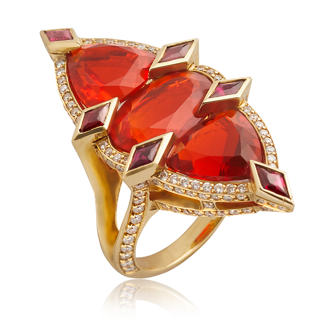 Estate 18k Yellow Gold Mexican Fire Opal & Ruby Ring