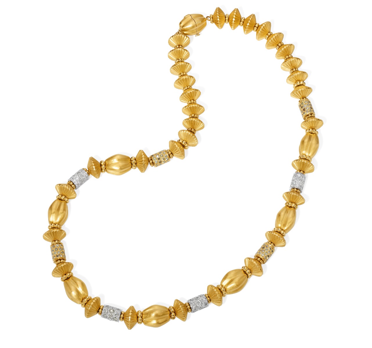 1970s 22k Yellow Gold Yellow & White Diamond Rondel Necklace