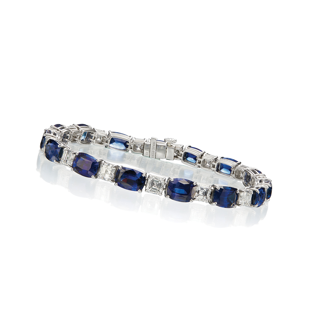 Platinum Cushion Sapphire & Asscher Diamond Bracelet